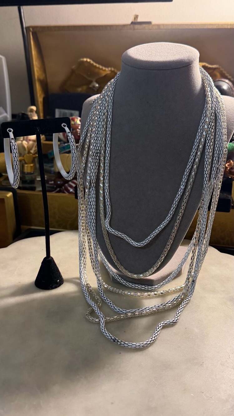 Multi-Strand White Mesh Tubular Chain Necklace and Hoop Earrings Set
